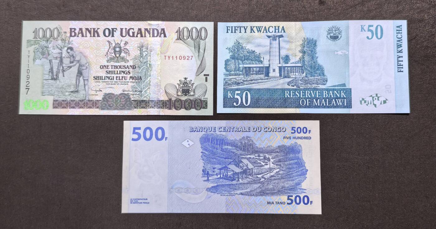 北京马甸外国币专卖第146期，外国纸币币专场，陆续上拍，欢迎关注 全新：民主刚果500法郎纸币 。马拉维50克瓦查 ，一共5张。哥伦比亚10。乌干达1000先令。厄瓜多尔20。