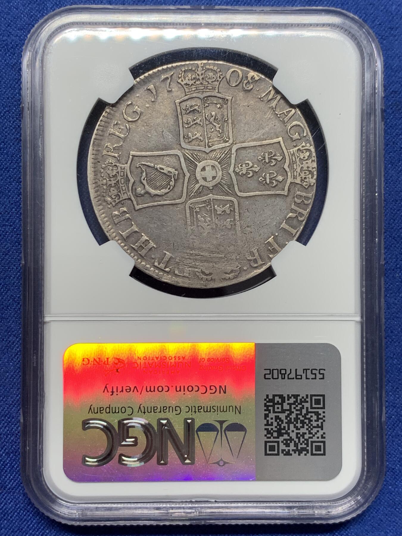 《竞宝斋》第435场 周日，周一2场连拍 （全场包邮） NGC VFD 英国 1708/7 稀少骑字E版安妮一克朗大银币 稀缺品种