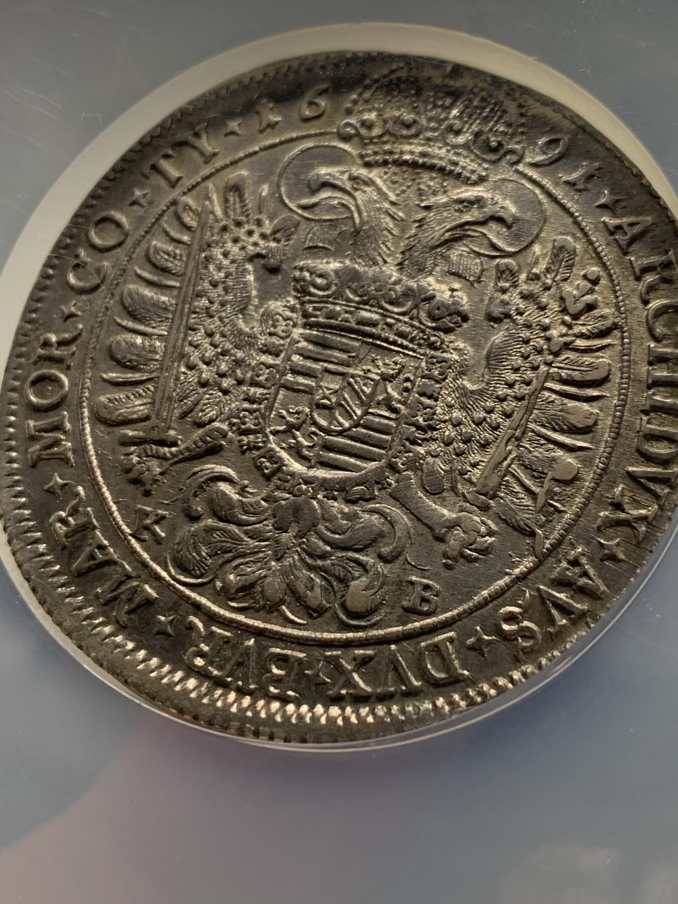 《竞宝斋》第435场 周日，周一2场连拍 （全场包邮） NGC AU58 神圣罗马帝国 1691 稀少匈牙利版 利奥博德一世大泰勒 超常规尺寸大盒封装 大波浪经典品种