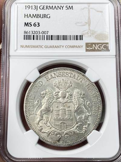 万国钱币拍卖第054期 - NGC MS63 1913德国汉堡自由市流通长翅5马克银币 经典汉堡双狮护盾 银霜转光好品相