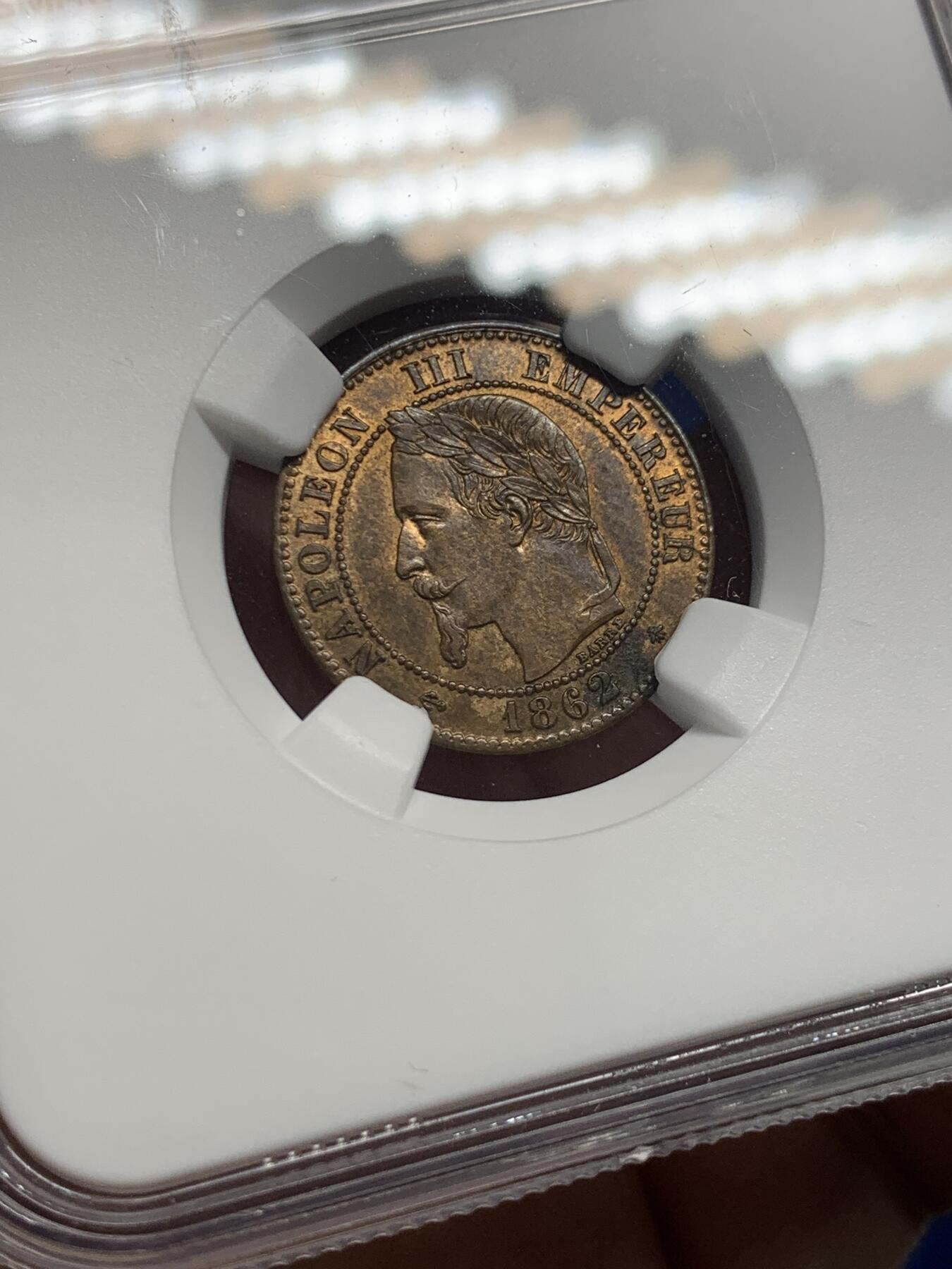 《竞宝斋》第435场 周日，周一2场连拍 （全场包邮） NGC MS62RB 1862年法国拿三2分铜币 稀少