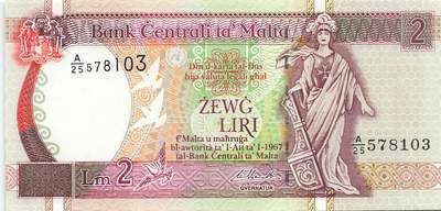 小福收藏拍卖第197期 裸钞场 本期有多张豹子号靓号 百慕大03年50元纪念钞百位号 马来亚和英属婆罗洲开国第一张纸币大冠女王 马来亚 41年1元英王乔六 法属太平洋10000法郎 捷克1000克朗纪念钞千位号  卢森堡 1000法郎  萨尔瓦多样钞 匈牙利 法罗群岛 危地马拉等多国精美纸币 - 马耳他 1967（1994）年 2里拉 unc