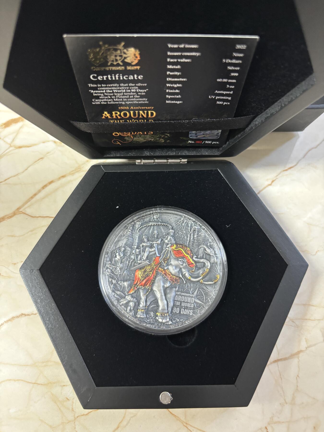 第181期拍卖 纽埃2022年凡尔纳环游世界80天3盎司仿古彩色银币，3盎司，999银，发行500枚