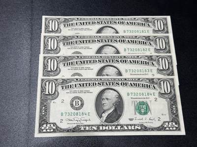 《外钞收藏家》第五百八十一期（畅拍场）（本平台长期征集拍品、欢迎藏友们联系合作） - 1990年美国小头版10美元 4连号 UNC- 无折 有潮斑