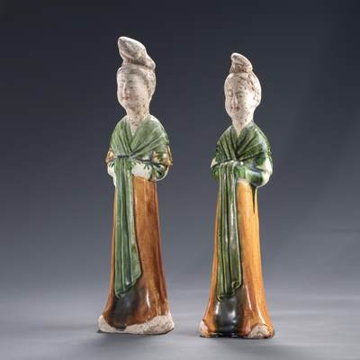 日本大阪雅和auction 2025金秋競賣會第一期 - 唐 三彩婦人佣 一對 尺寸:W:5 H:23 x2cm