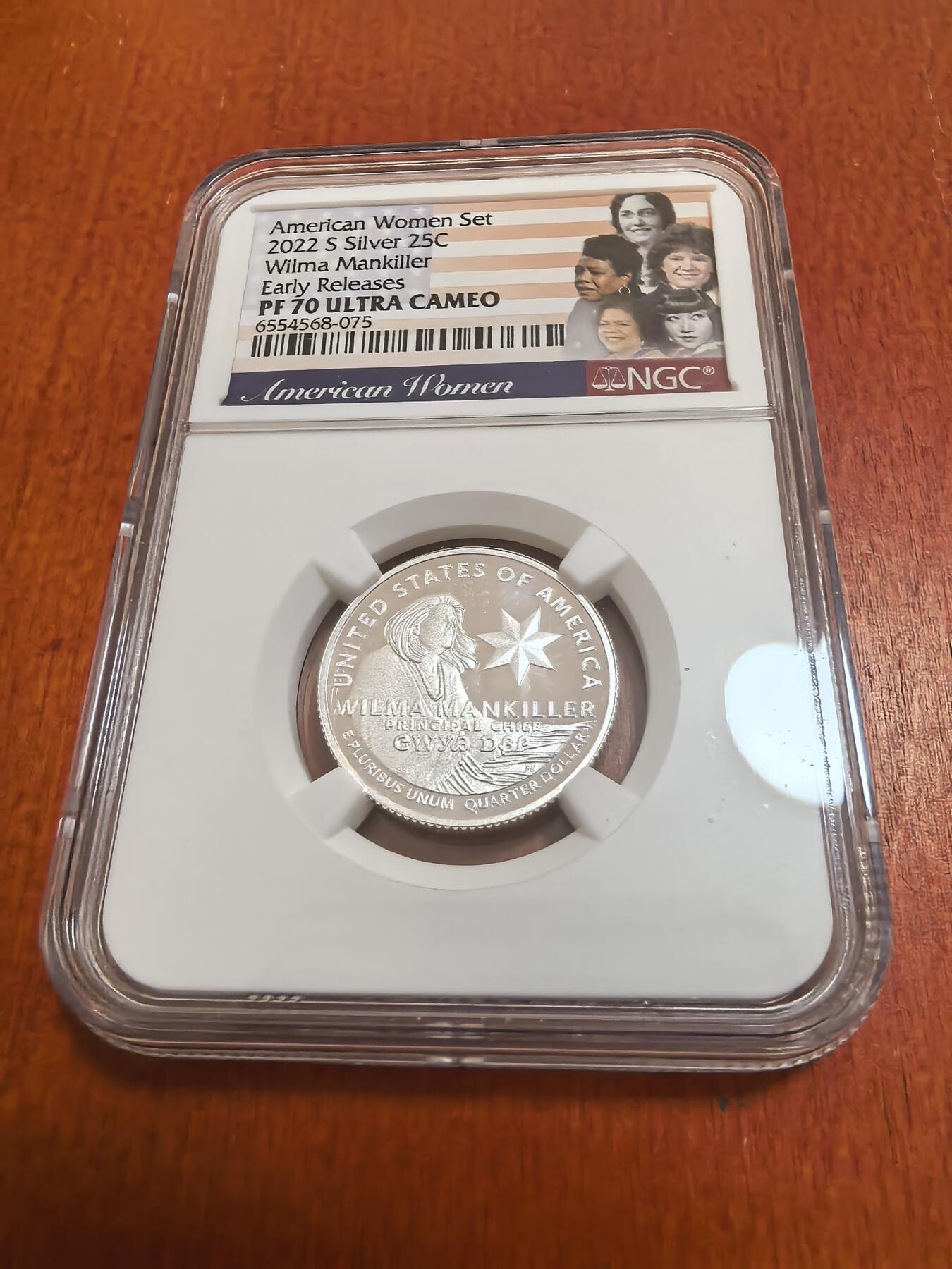 长老汇蛇年精选第七十场拍卖 2022 S 美国杰出女性——曼琪拉25美分精制银币，NGC PF70UC，早期标