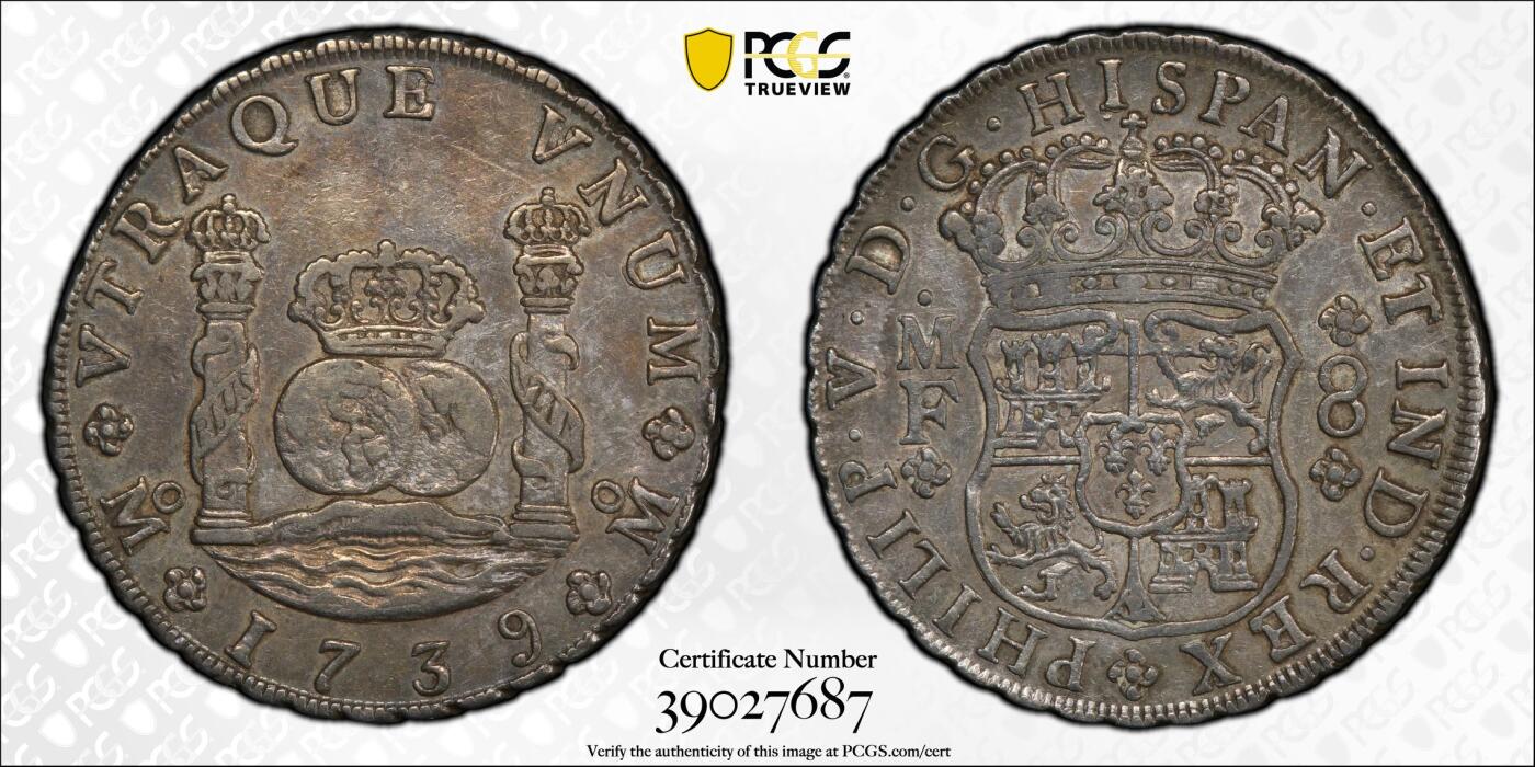 博洋堂“物美丰成”11月精品专场暨第145期（全场包邮） PCGS XF45 西属墨西哥1739年MO MF菲利普五世地球双柱大银币，早期菲五少见，极品包浆状态，同分中的佼佼者，更有名家旧藏加持，不可多得的一枚收藏级地球