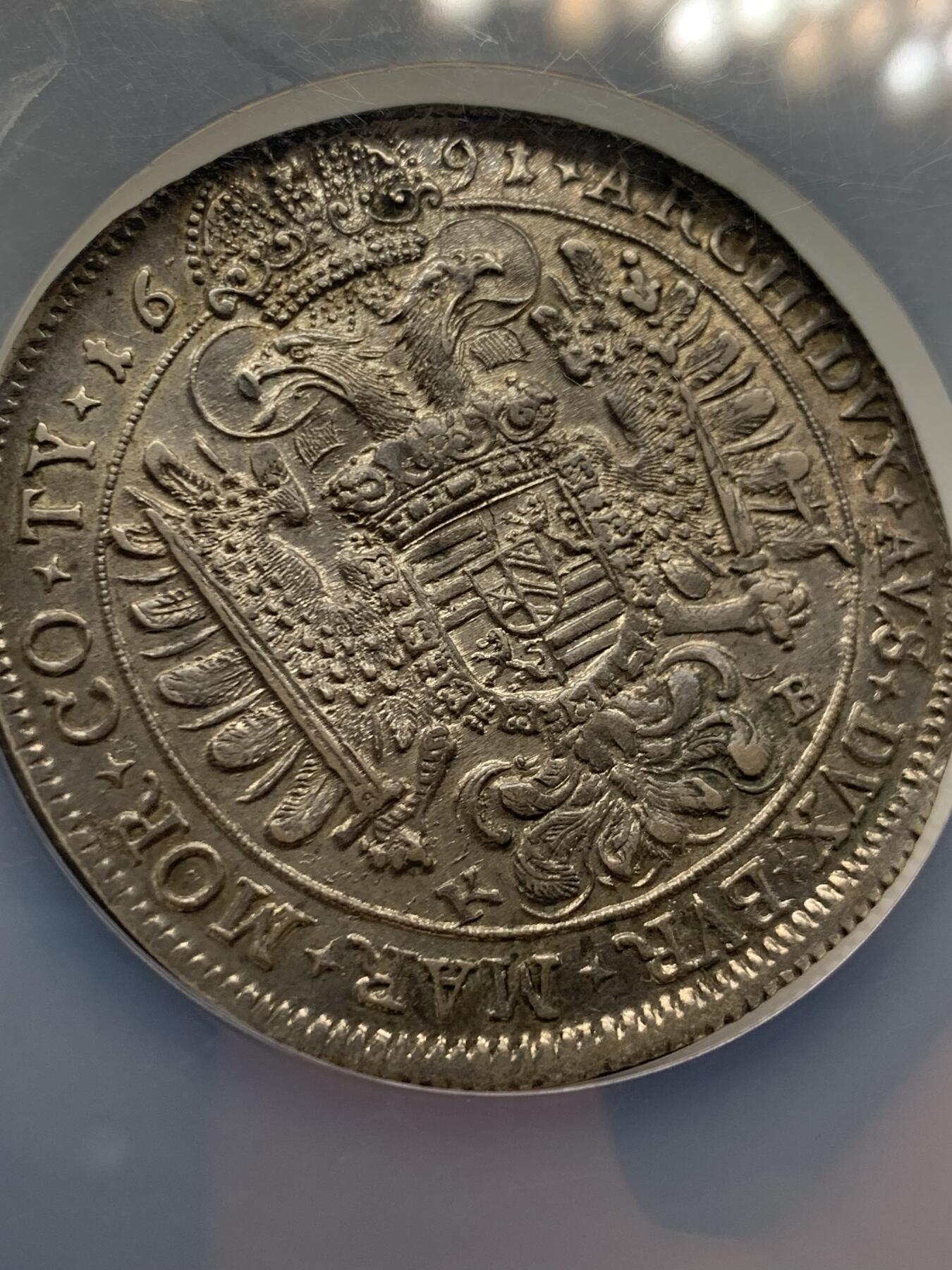 《竞宝斋》第435场 周日，周一2场连拍 （全场包邮） NGC AU58 神圣罗马帝国 1691 稀少匈牙利版 利奥博德一世大泰勒 超常规尺寸大盒封装 大波浪经典品种