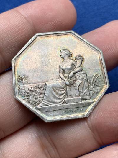 《竞宝斋》第435场 周日，周一2场连拍 （全场包邮） - 塞纳河与马恩河格雷尔互助保险八角银质代币 16.39克 33mm 丰饶角边铭