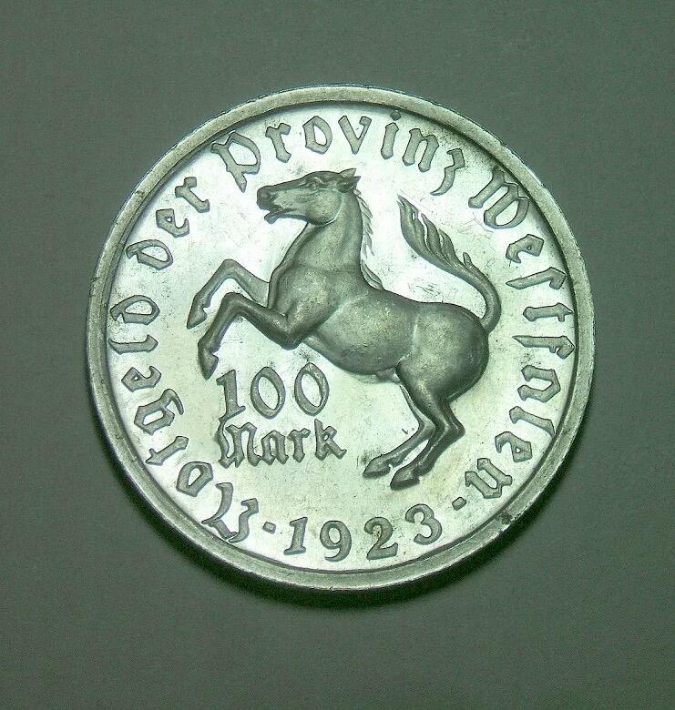 德国1923年威斯特法伦 100马克女人头马币 精制原光