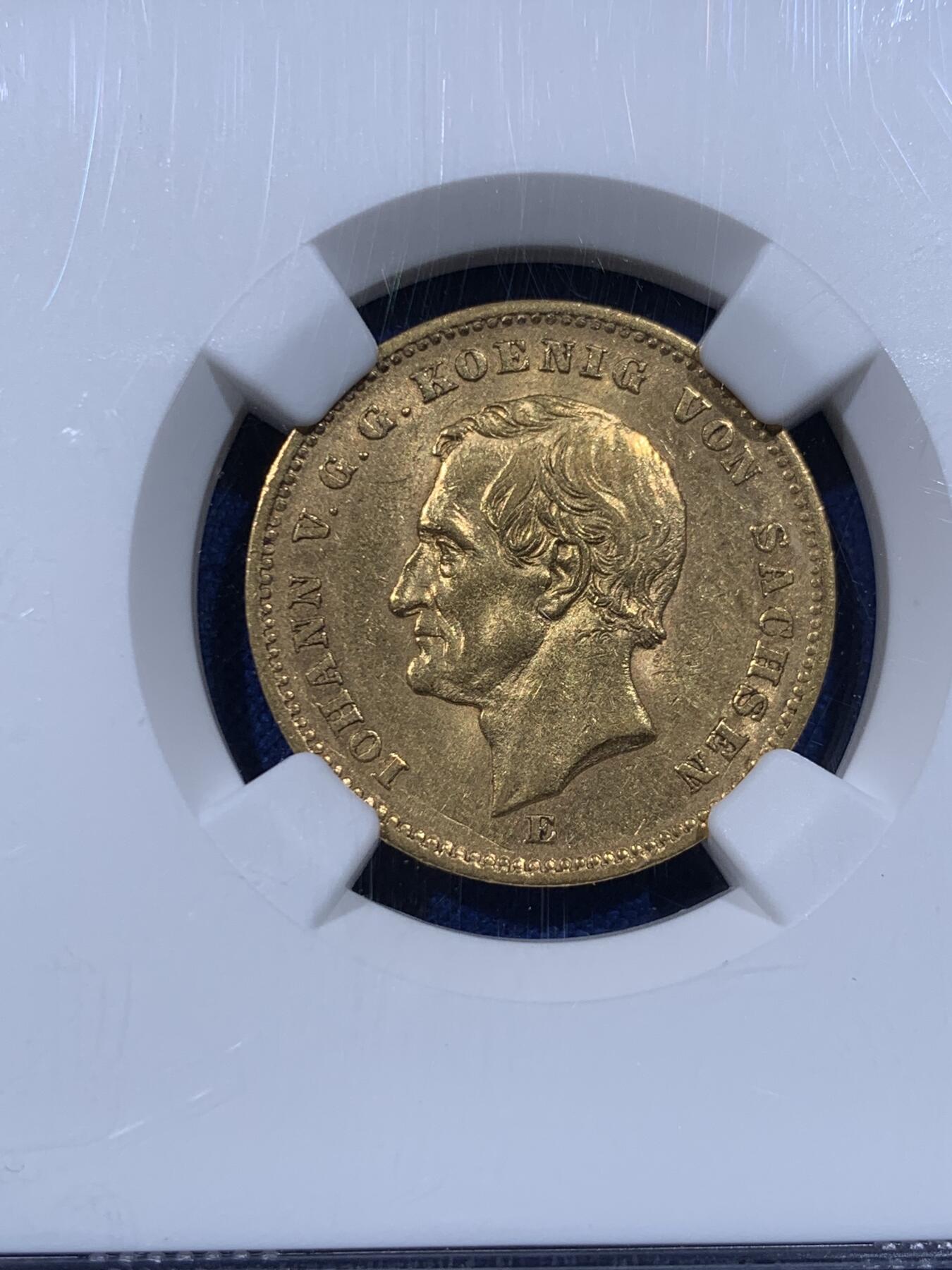 《竞宝斋》第435场 周日，周一2场连拍 （全场包邮） NGC AU58 德国萨克森1872年约翰一世 20马克金币 7.96克 900金 首年版。仅两年发行 稀少品种