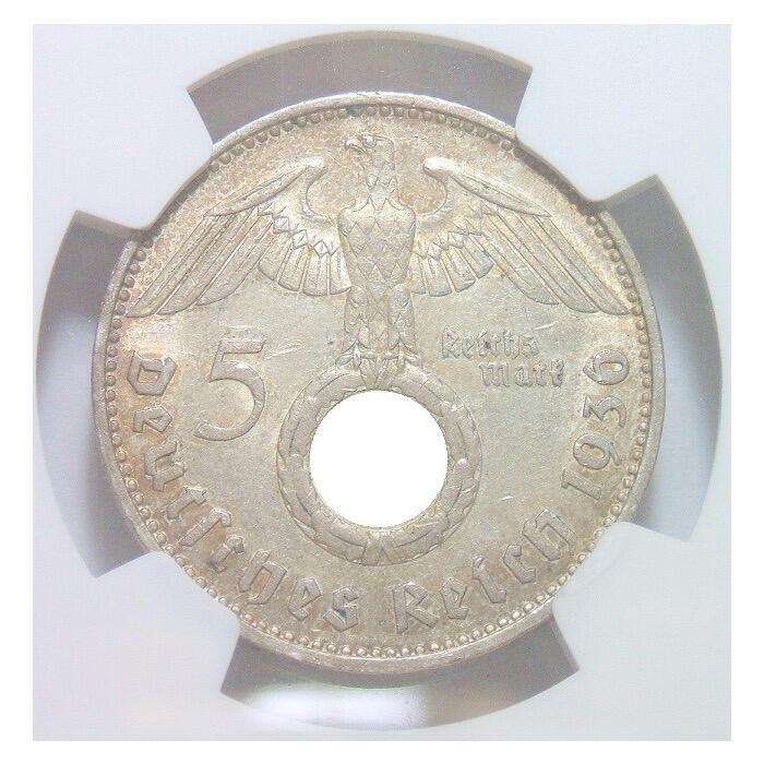 【银】稀年 NGC AU58 德国第三帝国1936年G版5马克银币 淡黄金彩 原光