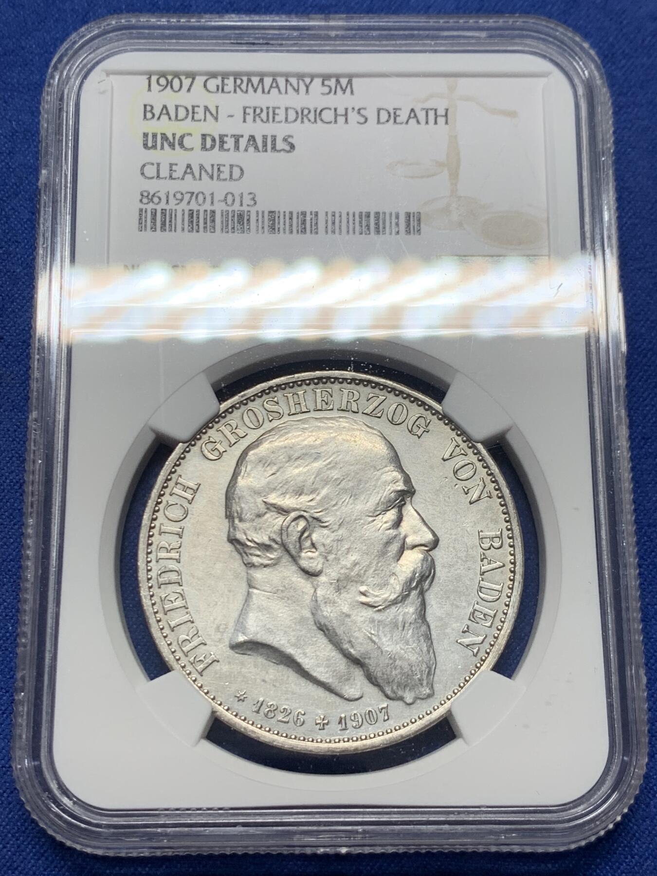 《竞宝斋》第435场 周日，周一2场连拍 （全场包邮） NGC UNCD 德国 巴登 1907年 佛里德里希逝世纪念 5马克银币 高点清晰 背板光不错