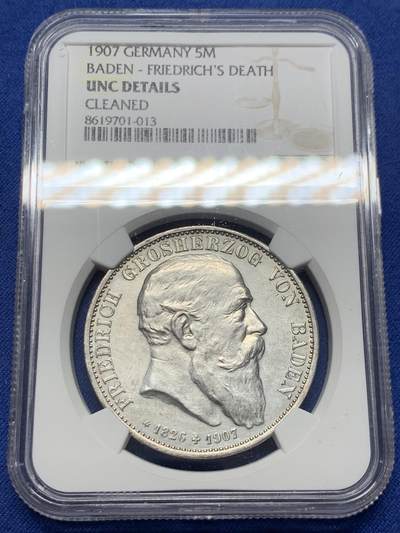 《竞宝斋》第435场 周日，周一2场连拍 （全场包邮） - NGC UNCD 德国 巴登 1907年 佛里德里希逝世纪念 5马克银币 高点清晰 背板光不错