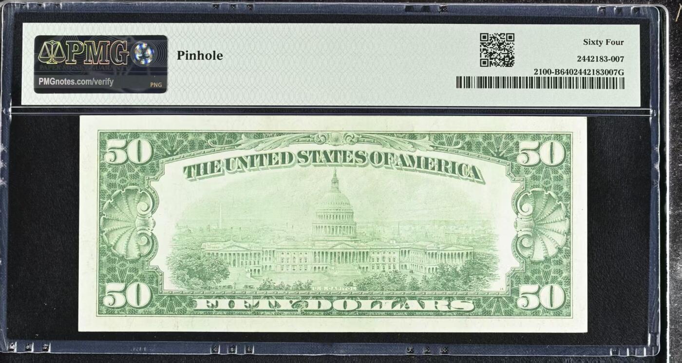《外钞收藏家》第五百八十一期（畅拍场）（本平台长期征集拍品、欢迎藏友们联系合作） 美国1928年数字版50美元【可兑换金币 小票幅首发版】 PMG64。该数字版的B2纽约区的各面额钞票存世量极少 是众多收藏者难遇的区间 并且价格一直高于其他同面额区间的钞票 海内外稀少珍品 错过难遇！
