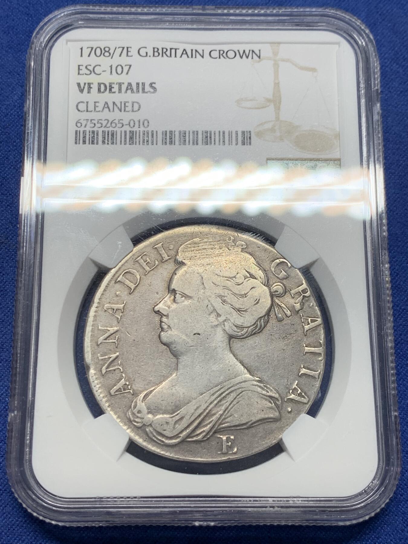 《竞宝斋》第435场 周日，周一2场连拍 （全场包邮） NGC VFD 英国 1708/7 稀少骑字E版安妮一克朗大银币 稀缺品种