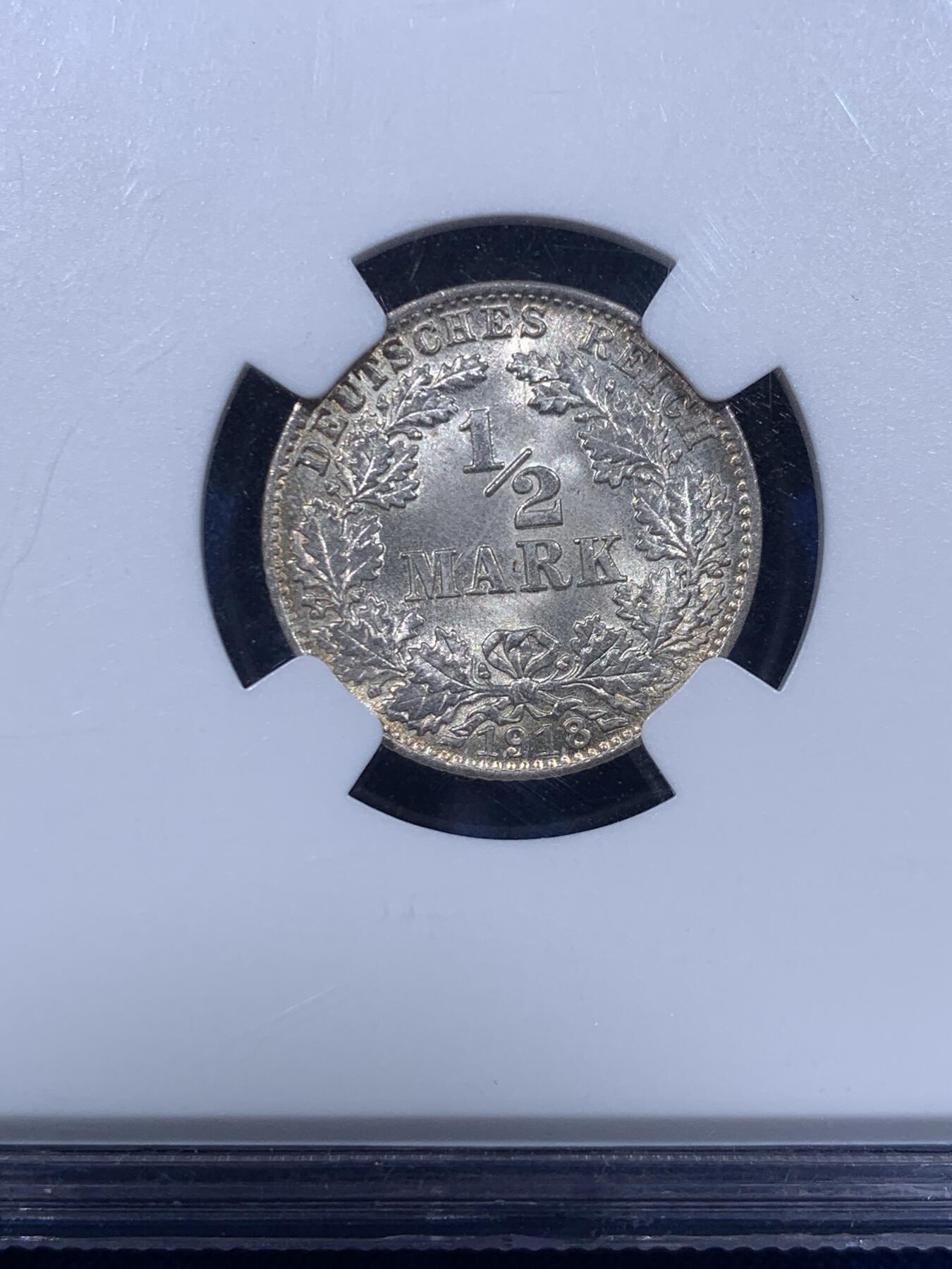 《竞宝斋》第435场 周日，周一2场连拍 （全场包邮） NGC MS67 德国1918年1/2马克银币 D厂铭，顶级品相，稀少标签，盒子四角有划痕