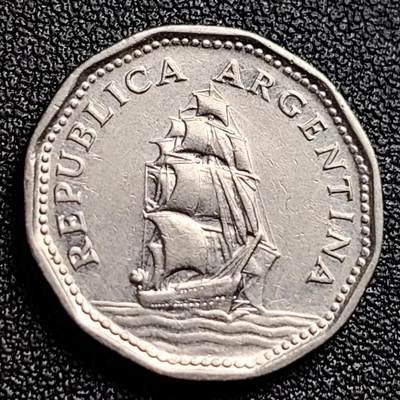 泉币菌-第123场-精品福利场(115场之后的本周末发货，感谢理解) - 帆船 阿根廷5比索镀镍钢硬币 1961年 21.5毫米 4克
