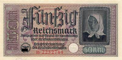 小福收藏拍卖第197期 裸钞场 本期有多张豹子号靓号 百慕大03年50元纪念钞百位号 马来亚和英属婆罗洲开国第一张纸币大冠女王 马来亚 41年1元英王乔六 法属太平洋10000法郎 捷克1000克朗纪念钞千位号  卢森堡 1000法郎  萨尔瓦多样钞 匈牙利 法罗群岛 危地马拉等多国精美纸币 - 德国 1940-45年 50马克 双尾 unc