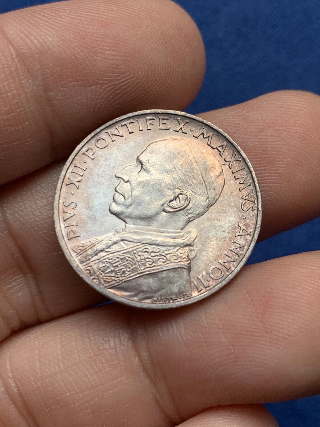 《竞宝斋》第435场 周日，周一2场连拍 （全场包邮） 1940年意大利梵蒂冈庇护十二世5里拉银币 稀少年份。