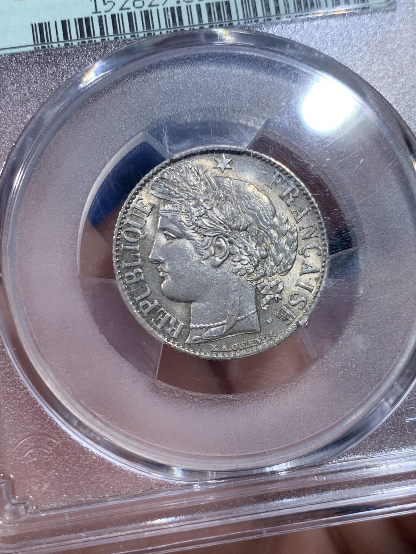 《竞宝斋》第435场 周日，周一2场连拍 （全场包邮） PCGS MS65 法国1888年谷物女神流通1法郎银币，1888吉祥发财年，收藏级超高分。女神脸颊丰满，头饰繁复华丽。35周年纪念小绿盒加持，错过难遇