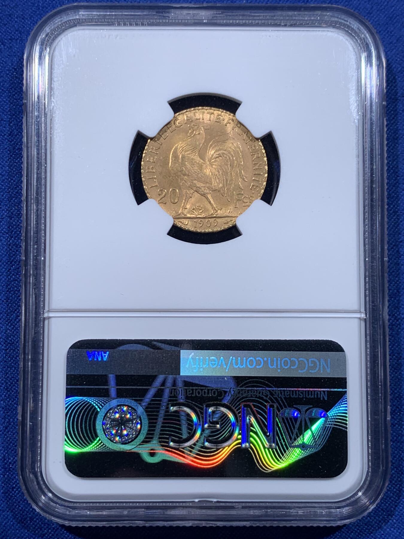 《竞宝斋》第435场 周日，周一2场连拍 （全场包邮） NGC MS64 法国第三共和国1909年玛丽安娜雄鸡20法郎流通金币 6.45克 900金