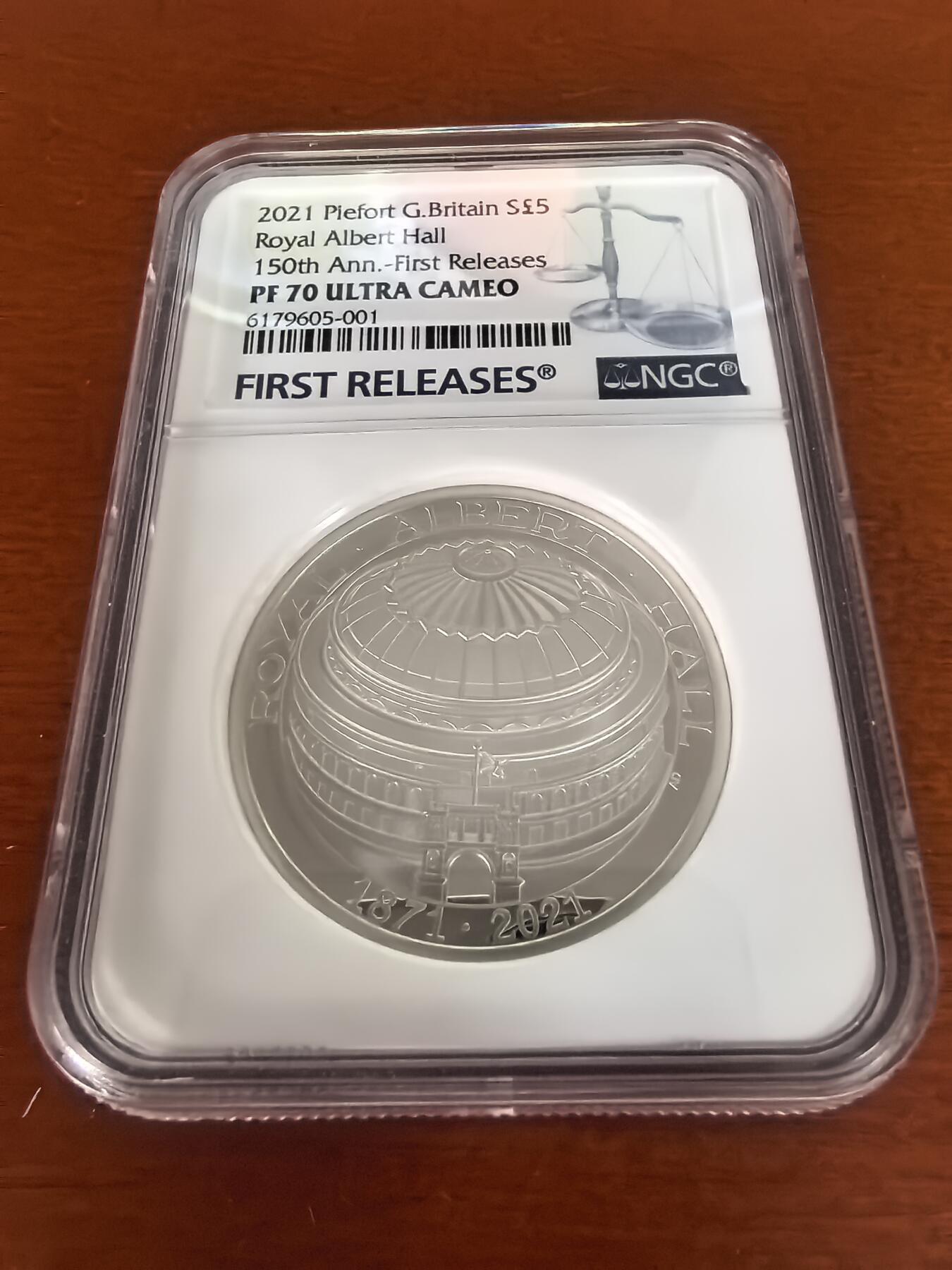 长老汇蛇年精选第七十场拍卖 2021英国皇家阿尔伯特音乐厅150周年5英镑精制加厚银币，56.56克925银，NGC PF70UC，首期标