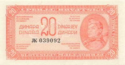 小福收藏拍卖第197期 裸钞场 本期有多张豹子号靓号 百慕大03年50元纪念钞百位号 马来亚和英属婆罗洲开国第一张纸币大冠女王 马来亚 41年1元英王乔六 法属太平洋10000法郎 捷克1000克朗纪念钞千位号  卢森堡 1000法郎  萨尔瓦多样钞 匈牙利 法罗群岛 危地马拉等多国精美纸币 - 南斯拉夫 1944年 20第纳尔 无47 unc