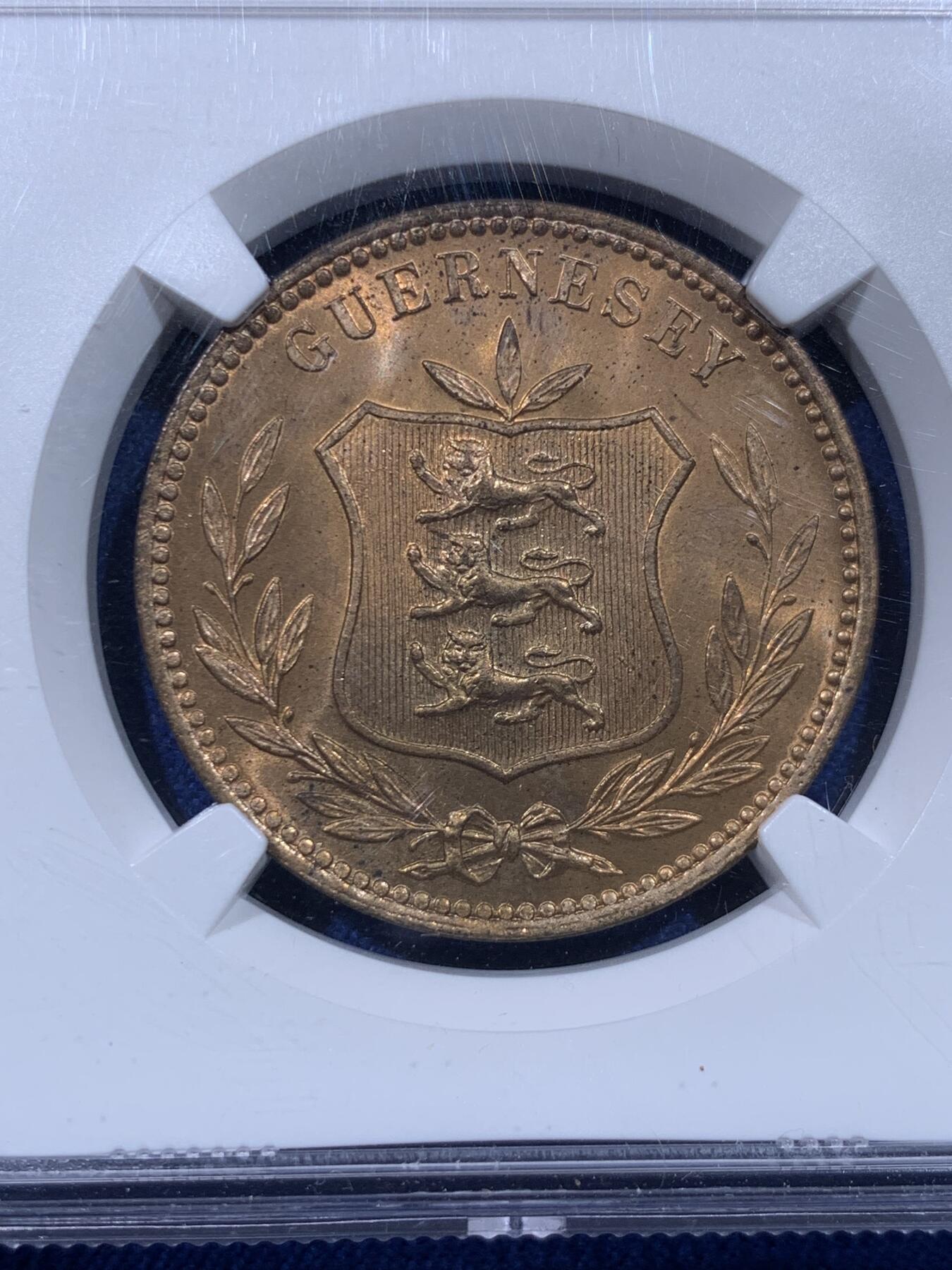 《竞宝斋》第435场 周日，周一2场连拍 （全场包邮） NGC MS64RD 英属根西1889年H版8道布大铜币，早期根西大铜，三狮+三叶草，铸造22万2000枚，比本土便士少见太多。极难得的RD品，原铜光近出厂状态，无须换藏的品相