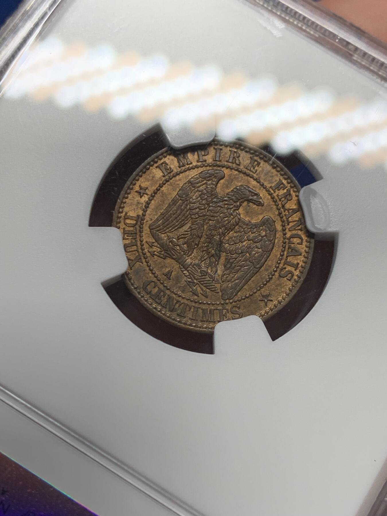 《竞宝斋》第435场 周日，周一2场连拍 （全场包邮） NGC MS62RB 1862年法国拿三2分铜币 稀少