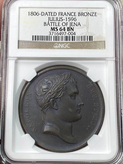 万国钱币拍卖第054期 - NGC MS64 1806年法国拿破仑一世耶拿战役纪念大铜章 拿破仑化身雷神向地上三个垂死的泰坦发射闪电