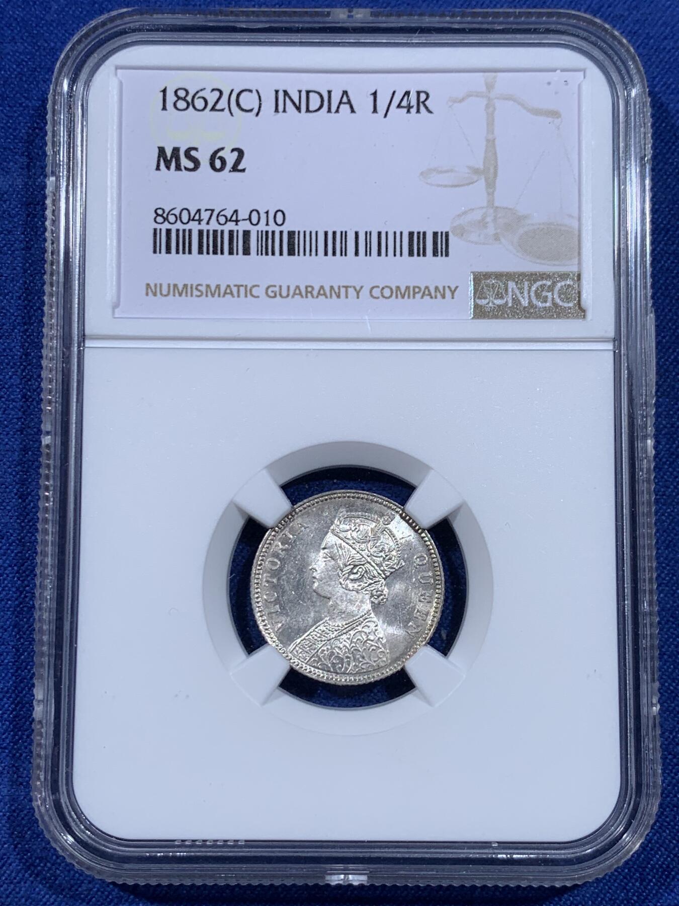 《竞宝斋》第435场 周日，周一2场连拍 （全场包邮） NGC MS62 英属印度1862年维多利亚女王1/4卢比银币  少见小面值卢比，车轮原光底板，观感极佳