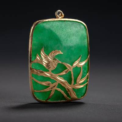 日本大阪雅和auction 2025金秋競賣會第一期 - 翡翠 金細工 喜上枝頭 尺寸:L:4 W:3cm