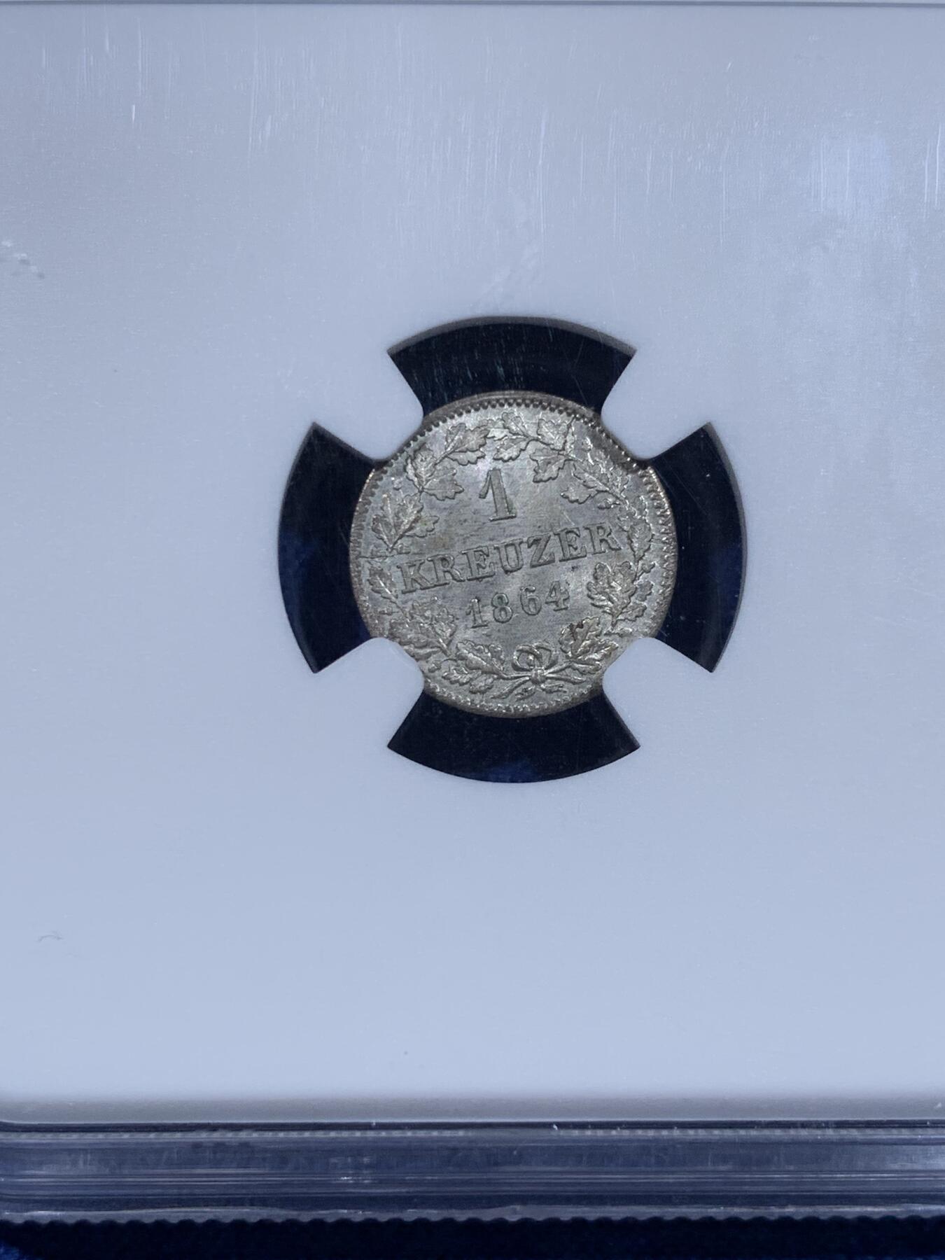 《竞宝斋》第435场 周日，周一2场连拍 （全场包邮） NGC MS64 德国巴伐利亚1864年1K银币