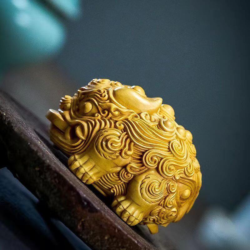 听雨轩（16）木雕 黄杨木双头貔貅手把件 6cm