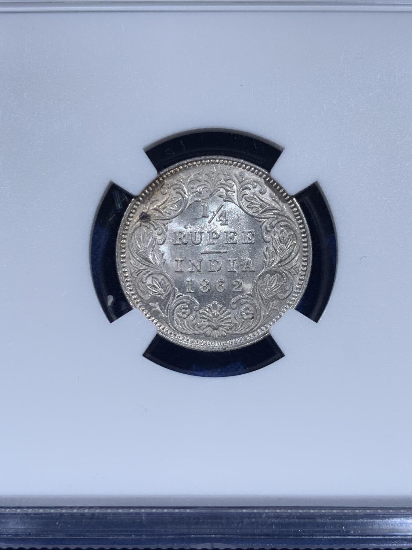 《竞宝斋》第435场 周日，周一2场连拍 （全场包邮） NGC MS62 英属印度1862年维多利亚女王1/4卢比银币  少见小面值卢比，车轮原光底板，观感极佳