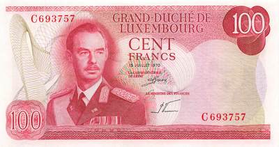 小福收藏拍卖第197期 裸钞场 本期有多张豹子号靓号 百慕大03年50元纪念钞百位号 马来亚和英属婆罗洲开国第一张纸币大冠女王 马来亚 41年1元英王乔六 法属太平洋10000法郎 捷克1000克朗纪念钞千位号  卢森堡 1000法郎  萨尔瓦多样钞 匈牙利 法罗群岛 危地马拉等多国精美纸币 - 卢森堡 1970年 100法郎 该版最高值 unc