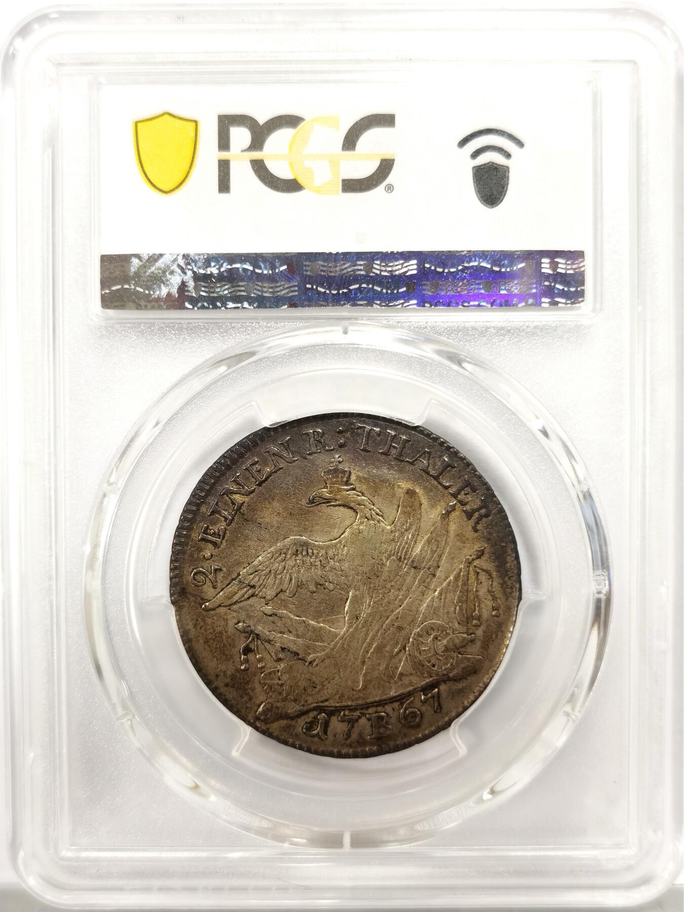 博洋堂“物美丰成”11月精品专场暨第145期（全场包邮） PCGS VF35 德国普鲁士1767年腓特烈大帝大炮王冠鹰1/2泰勒银币，非常少见，唯一冠军分！盒子背面左上角卡槽有一小磕