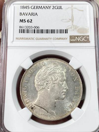 万国钱币拍卖第054期 - NGC MS62 1845巴伐利亚路德维希一世双狮2盾大银 原味淡彩状态难得