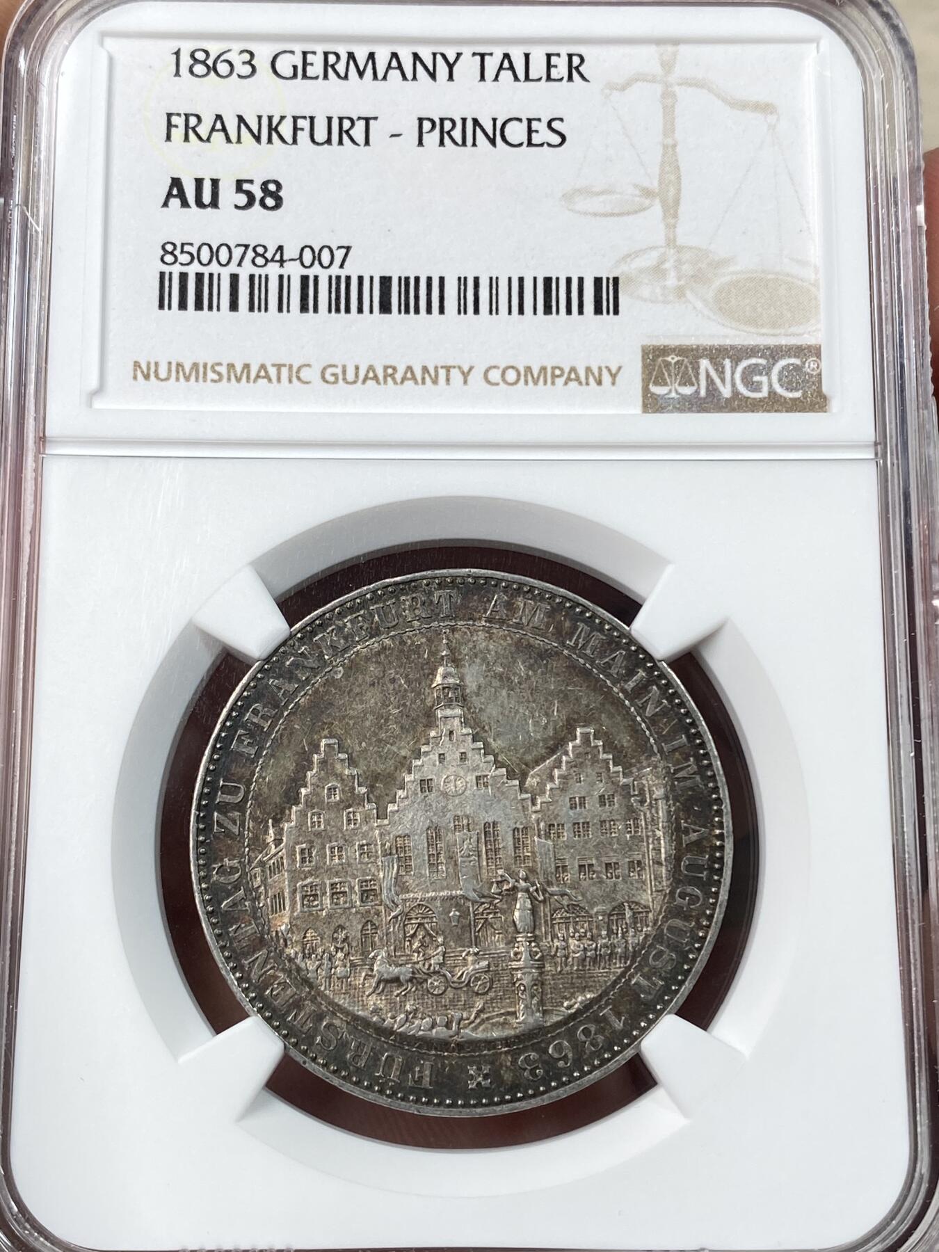 万国钱币拍卖第054期 NGC AU58 1863德国法兰克福自由市王子议会泰勒 经典景观品种 绚丽五彩状态难得