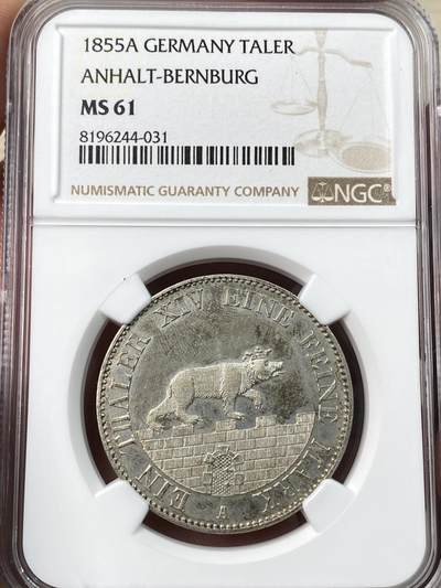万国钱币拍卖第054期 - NGC MS61 1855安哈特贝恩堡小熊爬墙矿业流通1泰勒 原味淡彩 轻微镜面质感