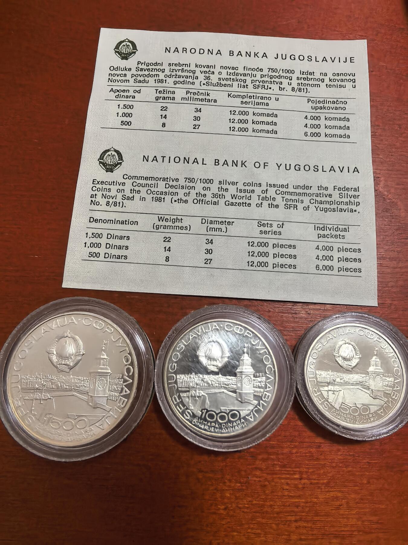 长老汇蛇年精选第七十场拍卖 1981南斯拉夫36届世界乒乓球锦标赛500+1000+1500第纳尔3枚精制银币套装，盒证全，12000套，44克750银