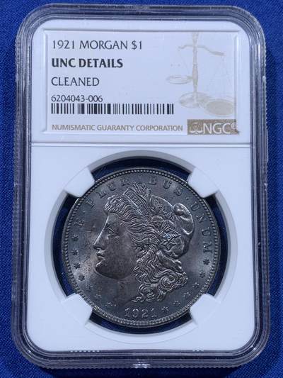《竞宝斋》第435场 周日，周一2场连拍 （全场包邮） - NGC UNC 美国 1921年 摩根银币P厂 女神面满灰黑彩，关门年份摩根铸造时添加抗氧化成分，故1921年摩根带彩的非常少见，占比发行率不到5%