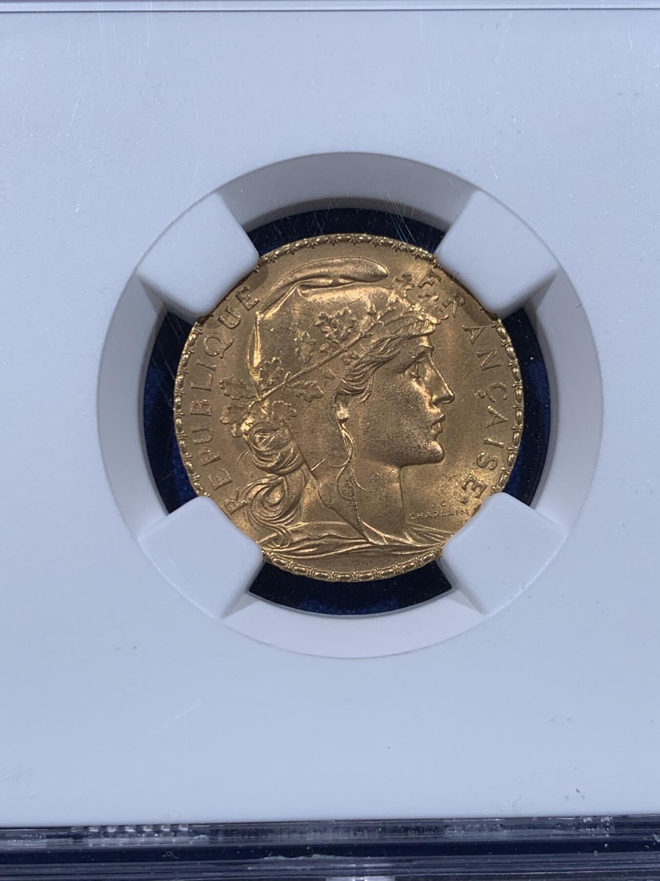 《竞宝斋》第435场 周日，周一2场连拍 （全场包邮） NGC MS64 法国第三共和国1909年玛丽安娜雄鸡20法郎流通金币 6.45克 900金