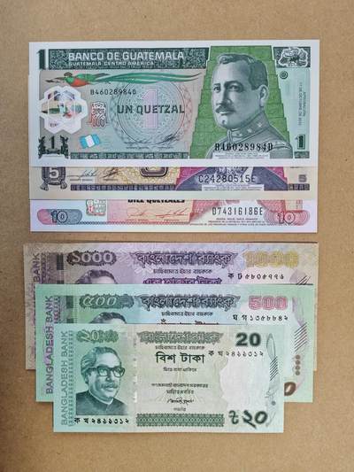 【礼羽收藏】🌏世界钱币拍卖第110期 - 【一组六张】危地马拉、孟加拉；孟加拉1000非全新，其余UNC
