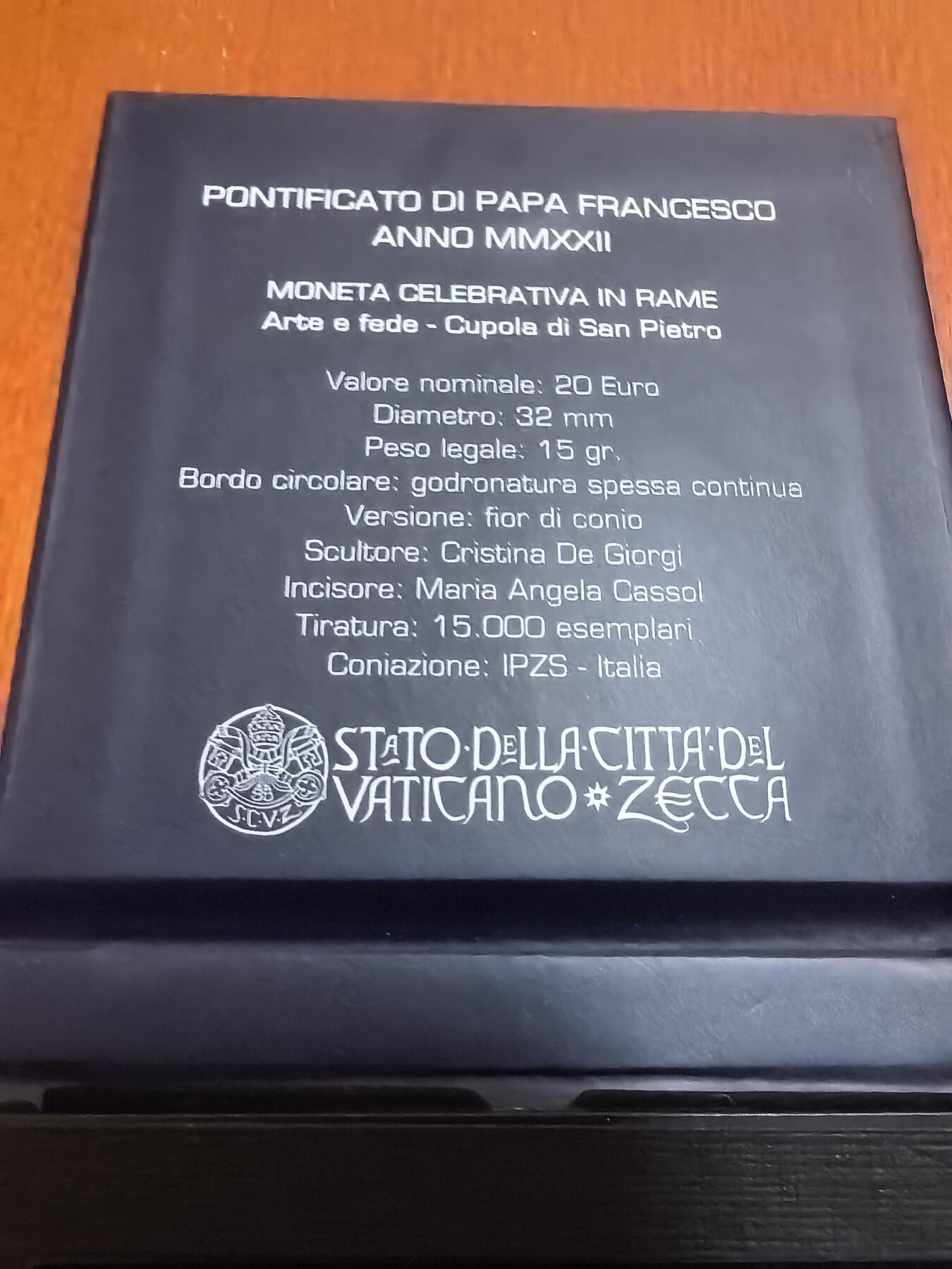 长老汇蛇年精选第七十场拍卖 2022梵蒂冈艺术与信仰20欧元铜币，盒证全，1.5万枚，发行价650元