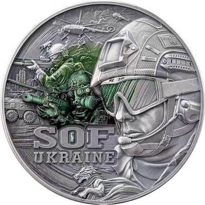 第180期拍卖【长期征集拍品】【北京币展专场】 -  喀麦隆2025年，乌克兰自由守护者(2)–特种作战部队, 2盎司加大(直径达50mm),夜光效果,超高超精浮雕,仿古,彩色纪念银币. 盒证全. 系列中唯一一枚具有漂亮夜光效果的银币. 超热门俄乌战争系列银币，实物超漂亮. 国外售价466+美元