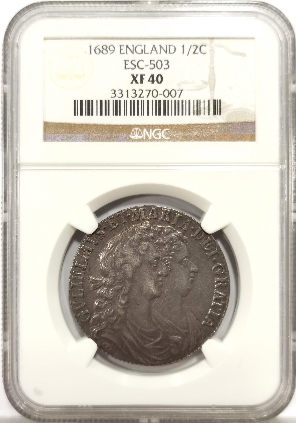 博洋堂“物美丰成”11月精品专场暨第145期（全场包邮） NGC XF40 英国1689年威廉与玛丽1/2克朗银币，少见好品种，同分中的佼佼者