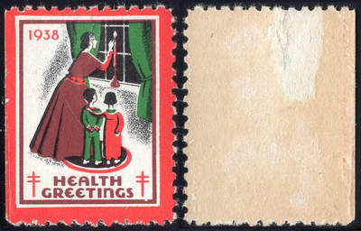 洪涛臻品批发群 精选邮票限时拍卖第1155期  - 美国圣诞节封缄票1938年, 原胶品如图, 窗口点蜡烛的母子与两个防痨病标志