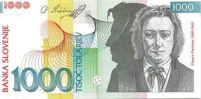 小福收藏拍卖第197期 裸钞场 本期有多张豹子号靓号 百慕大03年50元纪念钞百位号 马来亚和英属婆罗洲开国第一张纸币大冠女王 马来亚 41年1元英王乔六 法属太平洋10000法郎 捷克1000克朗纪念钞千位号  卢森堡 1000法郎  萨尔瓦多样钞 匈牙利 法罗群岛 危地马拉等多国精美纸币 - 斯洛文尼亚 2003年 1000托拉尔 该版首年份 unc